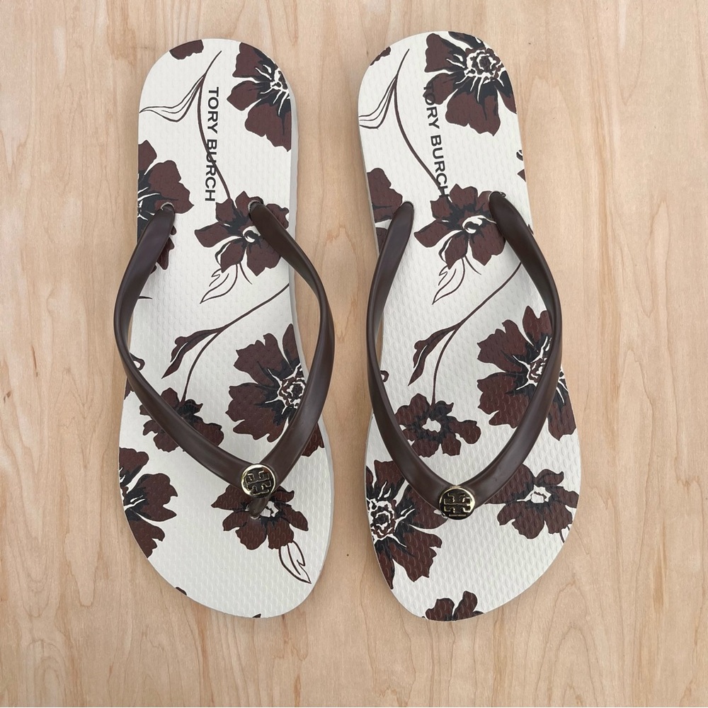 Tory Burch Potting Soil Ivory Daisy Flip Flop Thong Sandal Logo Size 8 EUC - Picture 3 of 8